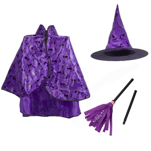 Halloween Kostüm Kinder Umhang, Hexen Zauberer Umhang mit Besen und Hut, Zauberer Kostüm Kinder Spinnenkostüm Teufel Kinderkostüm für Junge Mädchen Cosplay Party Kostüm Karneval Maskerade Hexennacht von JINGTOPS