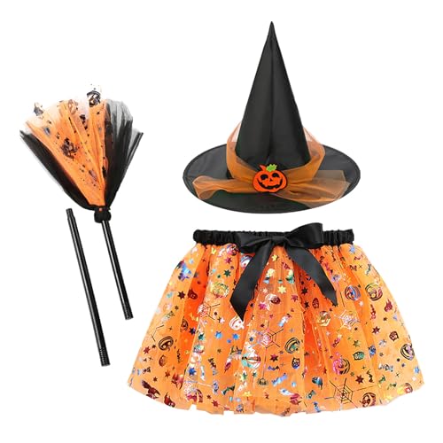 Hexenkostüm Kinder,Halloween Kostüm kinder Hexe Mädchen,Tütü Hexen Verkleidung Set für Halloween mit Hexenhut und Besen,Tüllrock Spinnenkostüm für kinder,Karneval Mottoparty Halloween Accessoiresf von JINGTOPS