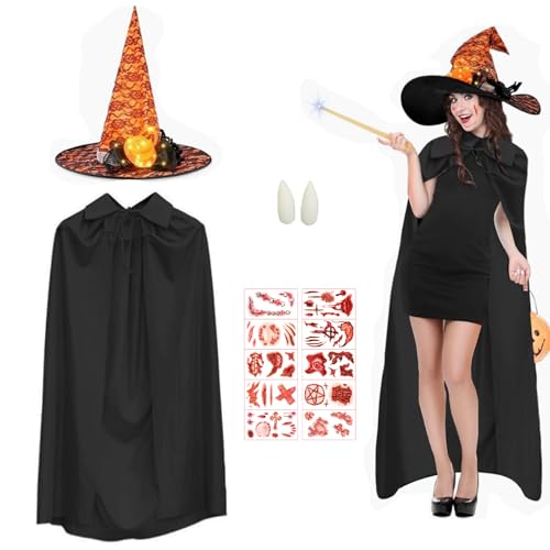 Halloween Kostüm Damen Hexenumhang mit Leuchtender Hexenhut, 10 Gruselige Tattoo und Prothese,Vampir Kostüm140cm, Erwachsene Schwarz Hexenkostüm,Teufelsmantel Set für Fasching Halloween Cosplay von JINGTOPS