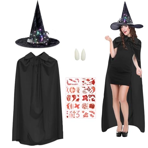 Halloween Kostüm Damen Hexenumhang mit Leuchtender Hexenhut, 10 Gruselige Tattoo und Prothese,Vampir Kostüm140cm, Erwachsene Schwarz Hexenkostüm,Teufelsmantel Set für Fasching Halloween Cosplay von JINGTOPS