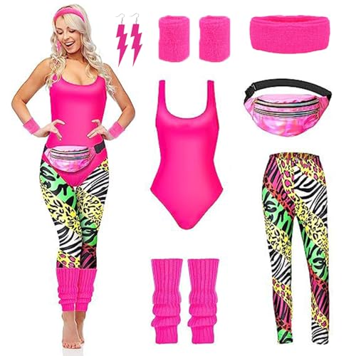 JINGTOPS Kostüm 80er Jahre Damen,90er 80er Jahre Outfit Damen Set,80er Jahre Accessoires Outfit Damen mit Leggings, Beinwärmer, Gürteltasche,80er karneval kostüm Accessoires (Rose Rot, L) von JINGTOPS