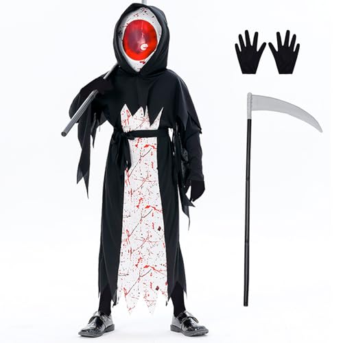 JINGTOPS Sensenmann Kostüm Kinder Grim Reaper Halloween mit Sichel und Handschuhen, Unisex Kostüm Grim Reaper für Halloween Party Dekoration,Bühnenkleidung für Kinder (L) von JINGTOPS