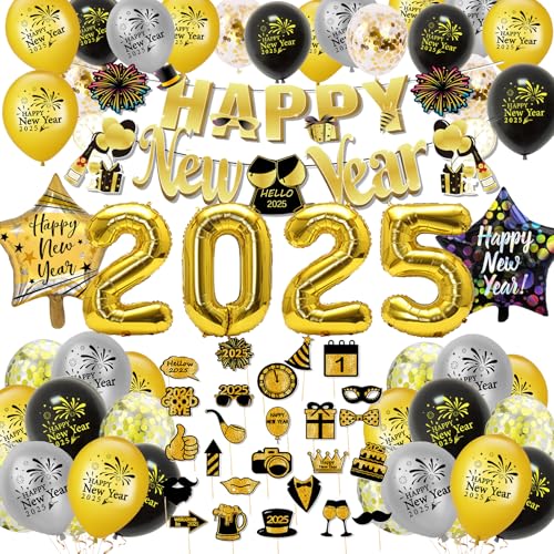 2025 Silvester Party Deko Set, Schwarz Gold Folienballon Deko Set, Happy New Year Banner Deko Party Zubehör von JINLAIYUN