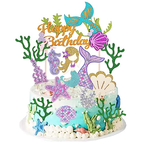 Meerjungfrau Tortendeko Geburtstag Cupcake,Ocean Theme Toppers Meerjungfrau Happy Birthday Kuchendeko,Glitzer Meerjungfrau Torten Deko für Mädchen Frauen Geburtstag Mermaid Party von JINLAIYUN