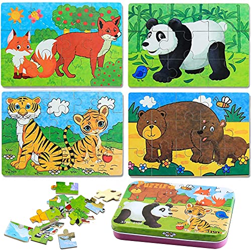 Puzzle aus Holz für Kinder, 4-teiliges Puzzle-Spielzeug, Montessori Puzzle für Kinder, 2 3 4 Jahre, Tiere, Puzzle, Lernspielzeug perfekt für Jungen und Mädchen ab 2 Jahren + von JINLAIYUN