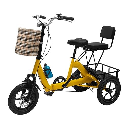 14 Zoll Dreirad Klappdreirad Faltbar Dreirad 3 Rad für Erwachsene Senioren Jugendliche Kinder Dreirad Fahrrad mit 2 Einkaufskorb und Reflektor Lampe Cruiser Bikes (Schwarz und Gelb) von JINPRDAMZ