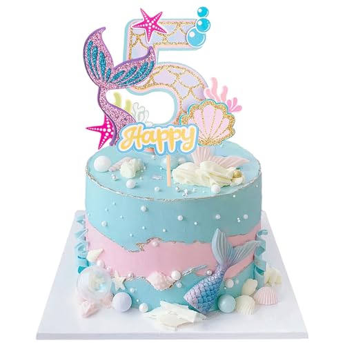 Mermaid Tortendeko Sea Kuchen Deko Cake Topper 5 Jahre Glitter Kuchendekoration für Mädchen Geburtstag, Jubiläum, Thema Party von JIOLINK