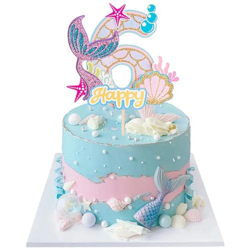 Mermaid Tortendeko Sea Kuchen Deko Cake Topper 6 Jahre Glitter Kuchendekoration für Mädchen Geburtstag, Jubiläum, Thema Party von JIOLINK