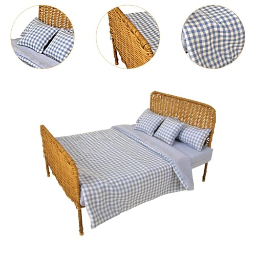 JISADER 1:6 Bett mit Matratze, Bettmodell, Mini-Retro-Bett, Vintage-Rattan-Gewebebett für DIY-Modell, Blau Kariert von JISADER