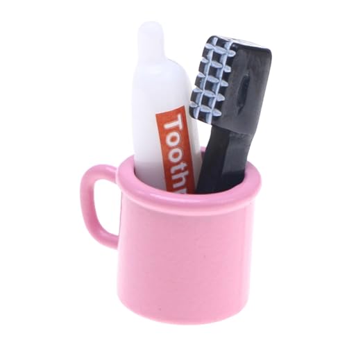 JISADER 3 Stücke Puppenhaus Badezimmer Zubehör Miniatur 1:12 Szene Modell Zahnbürste Zahnpasta Tasse Set für DIY Szene, Rosa von JISADER