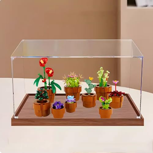 Acryl-Displaybox Kompatibel mit Lego 10329 Mini-Topfpflanzenmodell, schützende, staubdichte Displaybox Geschenkmodell, transparente Vitrine (nur Displaybox) (Holzmaserungsbasis) von JIULIN