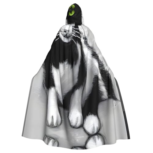 JIUTY Schwarze und weiße Katzen-Druck-Maskerade, Erwachsenen-Umhang mit Kapuze, 140 cm lang, perfekt für Halloween-Partys, Tänze JIUTY Schwarze und weiße Katzen-Druck-Maskerade, Erwachsenen-Umhang mit Kapuze, 140 cm lang, perfekt für Halloween-Partys, Tänze von JIUTY