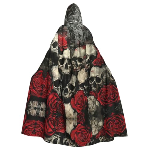 JIUTY Umhang mit Kapuze und Totenkopf und roter Rose, Unisex, für Halloween, Weihnachten, Vampir, Hexe, Kostüme, Partyumhang von JIUTY