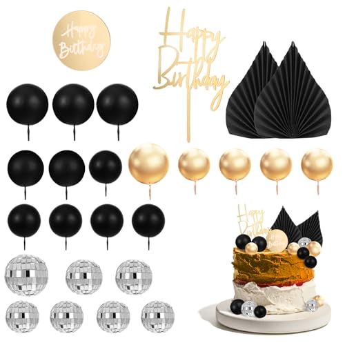 JIYIN 26 Stück Tortendeko Kugeln, Cake Topper Schwarz Gold Kuchen Dekoration Tortenaufleger Palm Leaves Discokugel Tortendeko Kuchenaufsätze für Geburtstag Hochzeit Valentinstag von JIYIN