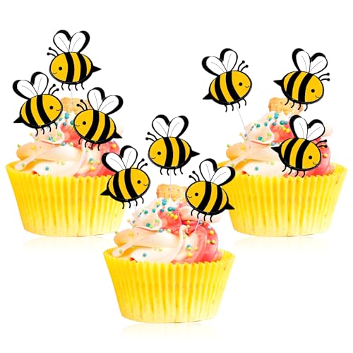 JIYIN 30 Stk Biene Kuchen Topper, Biene Tortendeko eburtstag Kuchen Dekoration Bee Cupcake Topper für Kinder Baby Junge Mädchen Bee Thema Geburtstag Party Deko von JIYIN