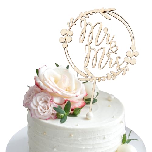 JIYIN Hochzeitstorte Deko Holz, Persönlicher Cake Topper Tortendeko Hochzeit Hochwertiger Tortenstecker aus Holz "Mr und Mrs" Tortenstecker für Hochzeiten Verlobungen Hochzeitstage von JIYIN