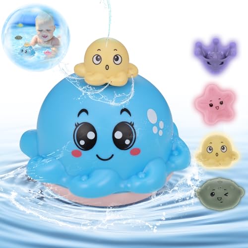 JIZZU Badespielzeug Baby Wasserspielzeug ab 1 2 3 Jahr, LED Oktopus Badewanne Spielzeug Automatischer Wasserstrahl Pool Spielzeug mit 4 Ersatzdüsen für Baby Kinder Kleinkind (ab 6 Monate) von JIZZU