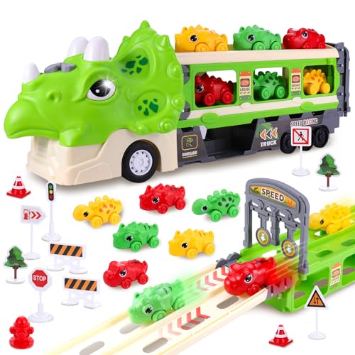 JIZZU Dinosaurier Auto Spielzeug für 3 4 5 6 Jahre LKW Autotransporter Spielzeug Rennstrecke Truck Spielzeug mit 6 Rennwagen, Dinosaurier Transporter Spielzeug Geschenke für Jungen und Mädche von JIZZU