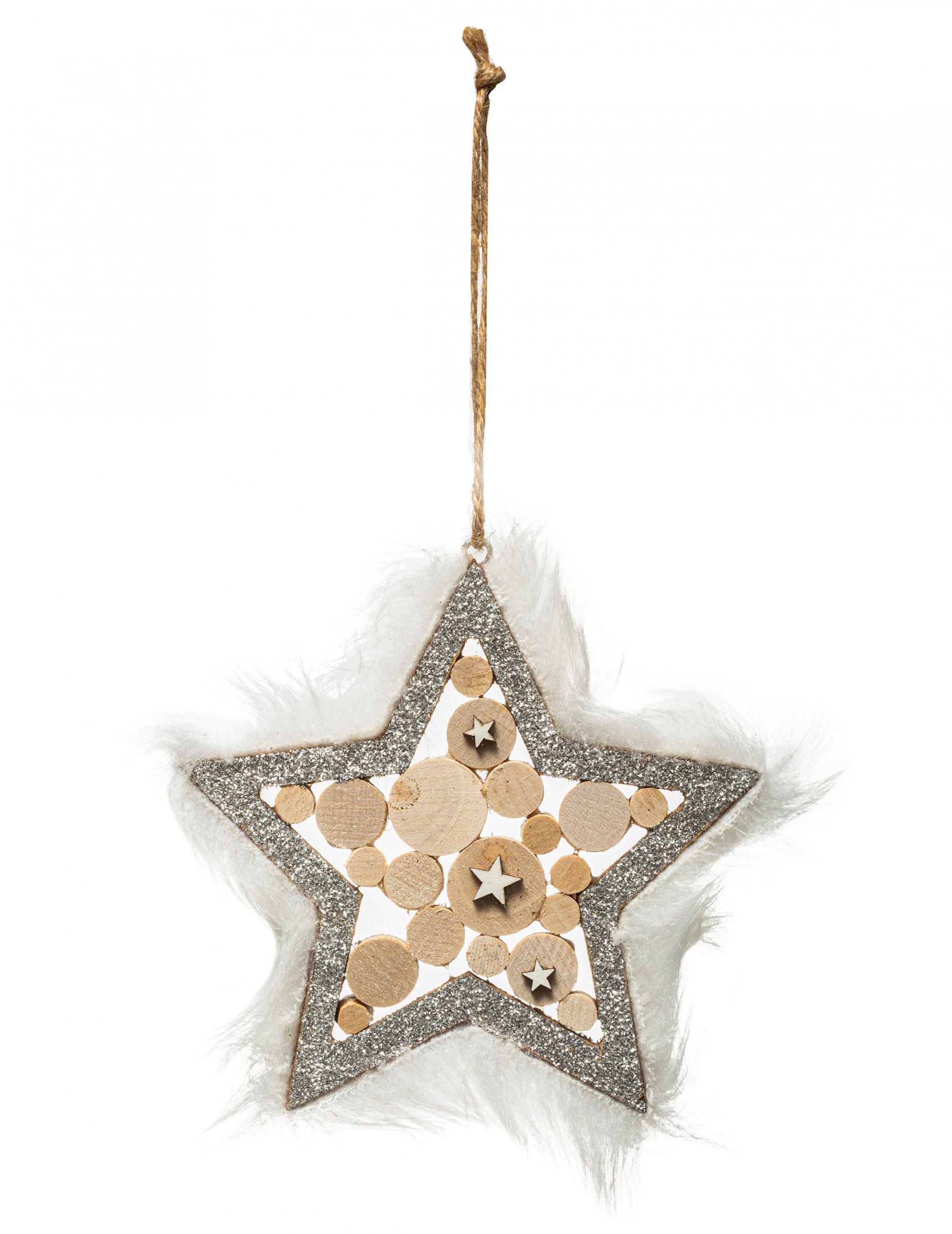 Stern-Hängedeko mit Fell Christbaumschmuck silberfarben-braun-weiß 12 cm Stern-Hängedeko mit Fell Christbaumschmuck silberfarben-braun-weiß 12 cm von JJA