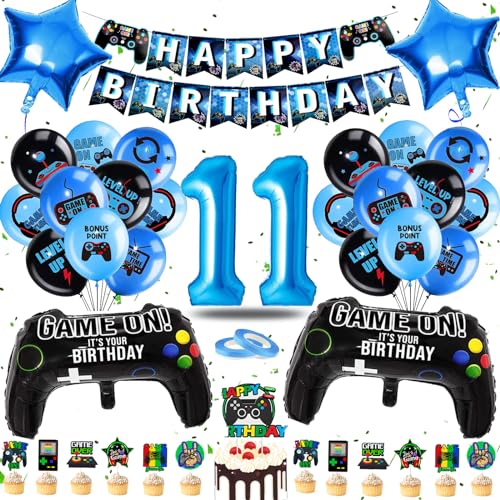 JJJZAMZ Luftballon 11 Geburtstag Junge, Deko Geburtstag 11 Jahre Junge, Geburtstagsdeko 11 Jahre Junge mit PlayGamer Tortendeko, Deko Kindergeburtstag Ballons Blau für Gamer Deko Party Geburtstag von JJJZAMZ