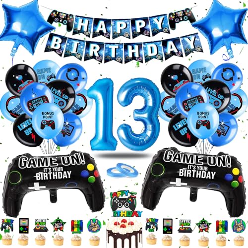 JJJZAMZ Geburtstagsdeko 13 Jahre Junge, Deko 13 Geburtstag Jungen, Luftballon 13. Geburtstag Junge mit Playgamer Tortendeko, Deko Kindergeburtstag Ballons Blau für Gamer Deko Party Deko Geburtstag von JJJZAMZ