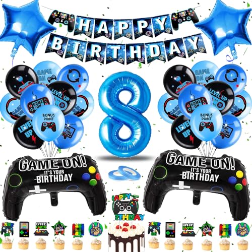 JJJZAMZ Geburtstagsdeko 8 Jahre Junge, Luftballon 8. Geburtstag Junge, Deko 8. Geburtstag Junge mit PlayGamer Tortendeko, Geburtstagsdeko Jungen Ballons Blau für Gamer Deko Party Deko Geburtstag von JJJZAMZ