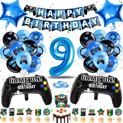 JJJZAMZ Luftballon 9. Geburtstag Junge, Deko Geburtstag 9 Jahre Junge, Geburtstagsdeko 9 Jahre Junge mit PlayGamer Tortendeko, Deko Kindergeburtstag Ballons Blau für Gamer Deko Party Deko Geburtstag von JJJZAMZ