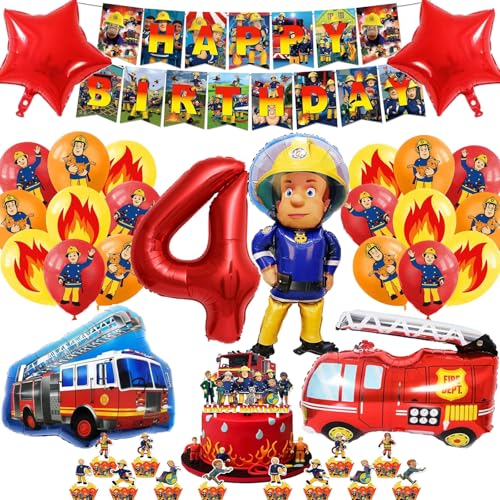 JJJZAMZ Feuerwehr Geburtstag Deko 4 Jahre Junge mädchen, Feuerwehr Deko Kindergeburtstag Luftballon, Feuerwehr Folienballon 4, Tortendeko Feuerwehr, Kindergeburtstag Deko Party Dekoration von JJJZAMZ