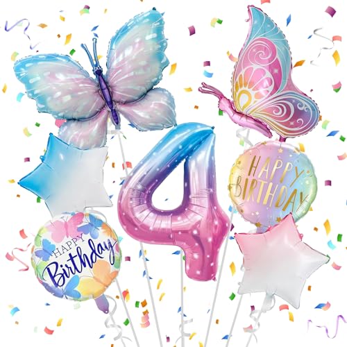 JJJZAMZ Geburtstagsdeko Schmetterling 4 Jahre, Schmetterling Luftballon 4 Geburtstag Mädchen, Folienballon Schmetterling, Schmetterling Deko Geburtstag Mädchen für Schmetterling Party von JJJZAMZ