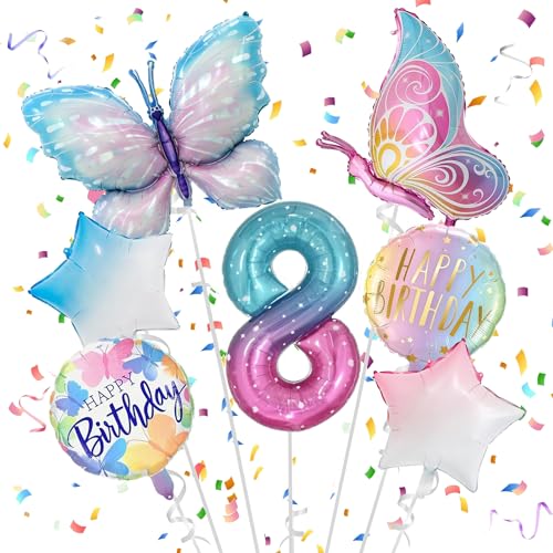 JJJZAMZ Geburtstagsdeko Schmetterling 8 Jahre, Schmetterling Luftballon 8. Geburtstag Mädchen, Folienballon Schmetterling, Schmetterling Deko Geburtstag 8 Jahre Mädchen für Schmetterling Party von JJJZAMZ