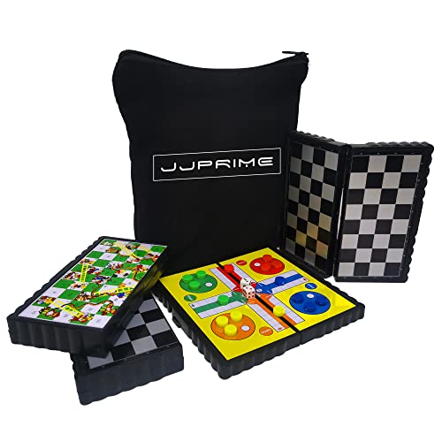 JJPRIME - 4 Beliebte Klassische Spaß Reise Brettspiele - Snake and Ladder Checkers Schach Ludo Kompakte Mini Magnetische Würfel Spiel Faltschachtel Set Geschenk Weihnachten Weihnachtsgeburtstagsfeier von JJPRIME