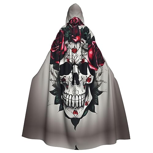 JJPUNGK Roter Rosen-Totenkopf-Druck, bequemer Kapuzenumhang für Damen und Herren, für Karneval, Cosplay und Mottopartys von JJPUNGK