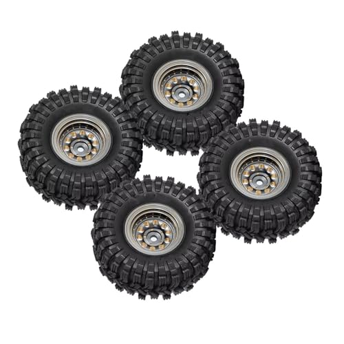 JJRFVBGT RC Auto Reifen Und Räder Kompatibel Mit Axial Für SCX24 Für AX24 Für TRX4M Für FCX24. Schwarz Beschichtetes Messing, 1,0 Zoll Beadlock-Radreifen-Set Für 1/24 1/18 RC Crawler Car(Silver) von JJRFVBGT