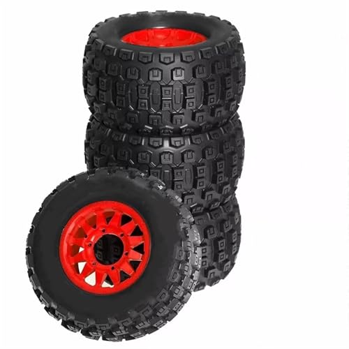 RC Auto Reifen Und Räder Kompatibel Mit Für traxxas, Für MAXX, Für ARRMA, Für Granit, Für KRATON, Für Tamiya, Für Losi, 4 Stück, 128 Mm, 1/10 Monster-Stunt-Truck-Reifen, 12 Mm Und 14 Mm Sechskant(Red) von JJRFVBGT