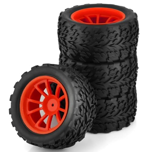 RC Auto Reifen Und Räder Kompatibel Mit Trxs, Für Himoto, Für HSP, Für HPI, Für Redcat, 4 Stück, 125 Mm Gummireifen Und Felgen Für 1/10 RC Monster Truck, 12 Mm Sechskant, 4 Mm Kontermuttern(Red) von JJRFVBGT