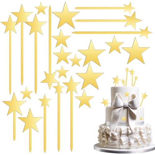 JJUNW 24 Stück Tortendeko Gold, Stern Kuchendekoration Acryl Kuchen Toppers Sterne Cake Topper Cocktail Sticks Kuchendekoration für Geburtstag Party Supplies Dekoration von JJUNW