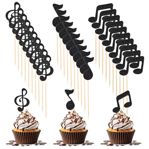 JJUNW 30 Stück Musik Noten Tortendeko, Glitzer Schwarz Kuchen Deko, Musikalische Note Cupcake-Toppers Musik Kuchen Topper Musical Symbol Cupcake Toppers für Singer Geburtstag Party Supplies von JJUNW