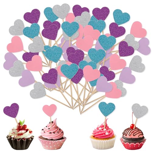 JJUNW Herzen Cupcake Deko, 50 Stück Herz Cupcake Toppers, Glitzer Mehrfarbig Herzen Muffins Deko Hochzeit Herzen Muffin Topper für Jahrestag Braut Party Geburtstag Valentinstag Party Kuchen Deko von JJUNW