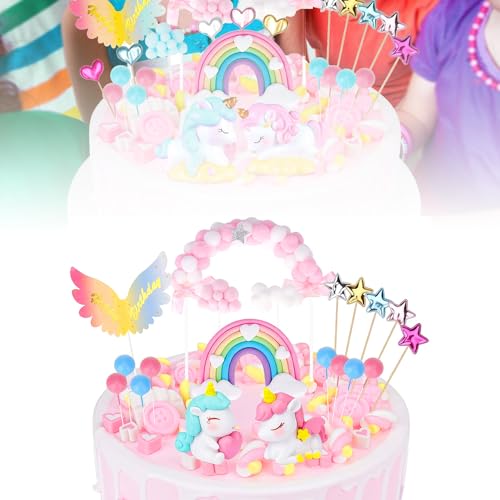 20 Stück Einhorn Tortendeko Kindergeburtstag, Happy Birthday Einhorn Topper Topper, Regenbogen Luftballons Einhorn Sterne Kuchen Deko für Kinder Mädchen Junge Geburtstag von JJYHEHOT