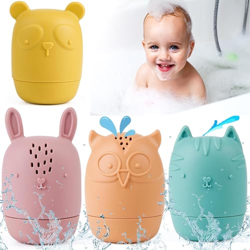 4 Stück Badespielzeug Baby ab 1 Jahr, Abnehmbare Silikon-Wasserspielzeug Schimmelfrei, Badewannenspielzeug Spritztiere Geschenke für Babys Kleinkinder von JJYHEHOT