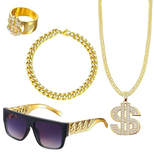 4 Stück Zuhälter Kostüm Herren, 80er 90er Jahre Outfit, Hip Hop Kostüm Set, Rapper Kostüm mit Dollar Kette, Ringe, Goldkette Sonnenbrille, Outfit für Fasching Karneval Halloween Kostüm Thema Party von JJYHEHOT