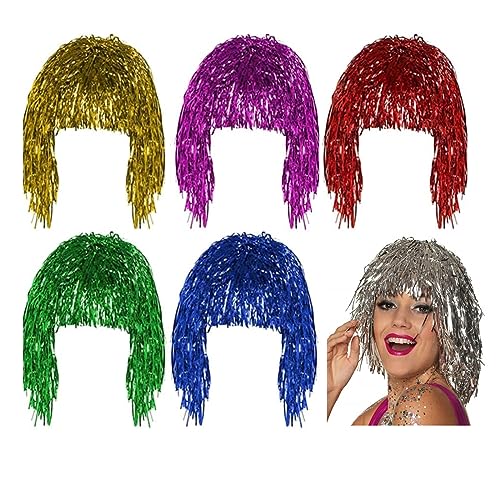 6 Stück Folie Lametta Perücke, Perücke Fasching Perücken Metallic Bunte Cosplay Peruck lustige Discokugel Kostüm Accessoires für Karneval Halloween Thema Party (6 Farben) von JJYHEHOT