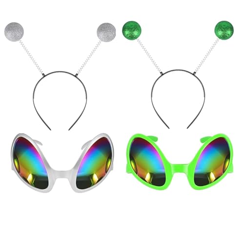 Alien Brille Martian Antenne Stirnband,4 Stück Alien Haarreif Alien Brille Alien Stirnband und Brille Alien Regenbogenlinse Sonnenbrille Geeignet Als Foto-Requisiten für Erwachsene und Kinder von JJiaoLinin