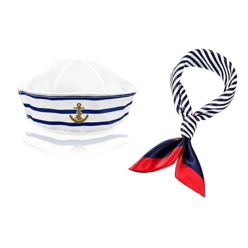 Streifen Matrosenmütze und Schal-Set,Sailor Hat Schal Set für Männer und Frauen Nautische Quadratische Imitierte Seidenschals Blau Schals Damen Matrosen Halstücher für Marineblaues Verkleidungsparty von JJiaoLinin