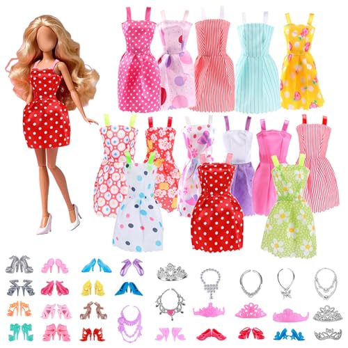 JKDHJK 32 Stück Barbie Kleidung, Barbie Zubehör, 10 Barbie Kleid 10 Paar Schuhe 6 Necklaces 6 Crowns Zufällig Kleidung Zubehör für 11 Zoll Mädchen Puppen für Mädchen Geburtstagsgeschenke von JKDHJK