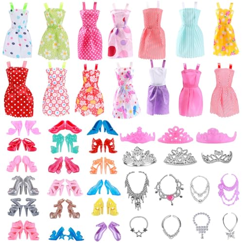 JKDHJK 32 Stück Barbie Kleidung, Barbie Zubehör, 10 Barbie Kleid 10 Paar Schuhe 6 Necklaces 6 Crowns Zufällig Kleidung Zubehör für 11 Zoll Mädchen Puppen für Mädchen Geburtstagsgeschenke von JKDHJK