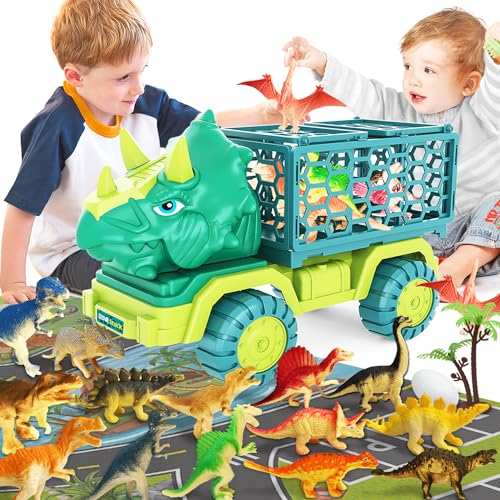 JKGIFTS Dinosaurier-LKW-Spielzeug für Kinder im Alter von 3–5 Jahren, Triceratops-Transport-Autotransporter mit 15 Dino-Figuren, Aktivitäts-Spielmatte, Dinosaurier-Ei und Bäume, Dinosaurier-Flucht-Spi von JKGIFTS