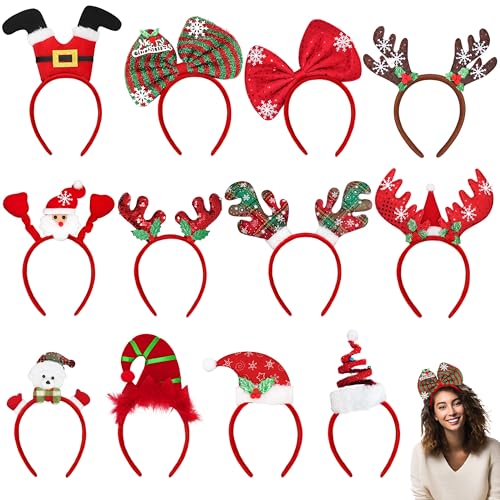 JKKLCC 12pcs haarreifen weihnachten,weihnachts haarreif für Damen und Herren, weihnachts kopfschmuck umfasst Santa Claus, Rentiergeweih, Schneeflocken, Pailletten und Bögen Designs von JKKLCC