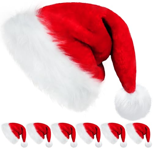 JKKLCC 6pcs weihnachtsmützen, weihnachtsmützen erwachsene,Unisex warmen Plüsch Weihnachten Party Hüte, Plus Long(32x48cm) Deluxe weihnachtsmütze für Weihnachten Neujahr Party Supplies, rot von JKKLCC