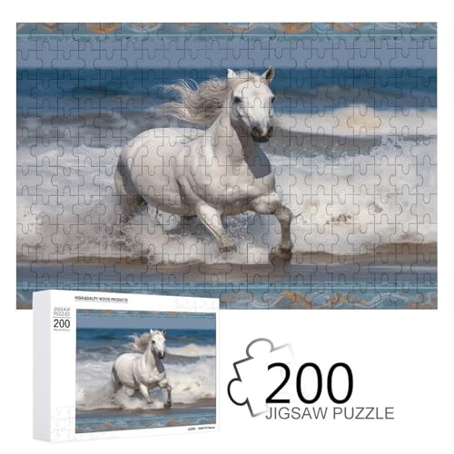 Jigsaw Game for Adults, White Horse Running on The Sea Printed Wooden Puzzles, 200 Piece Puzzles are Suitable for Puzzle Enthusiasts and Can Be Placed at Home, Office, Or Other Places von JKLPOMN